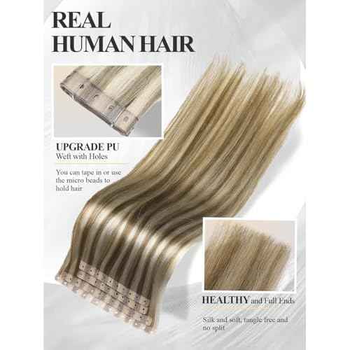 Micro Bead Weft Hair Extensions PU Invisible Weft Human Hair Extensions Seamless Real Human Hair Highlight Blonde 9A/P60 Dual-Use No Tape in Weft in Hair Extension for Women(40g 4Pcs,22 Inch)