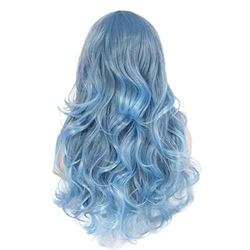 Blue Wig for Women Long Curly Wavy Pastel Blue Wig Side Part Synthetic Halloween Cosplay Wig with Wig Cap