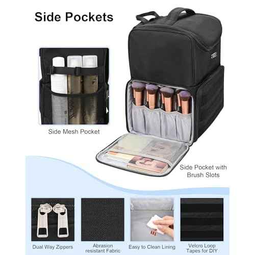 Relavel Makeup Backpack Large Makeup Bag with 3 Clear Set Bags, Dual Layer Professional Cosmetic Organizer Travel Train Case Makeup Artist Kit with Adjustable Dividers & Easy to Clean Lining, Black