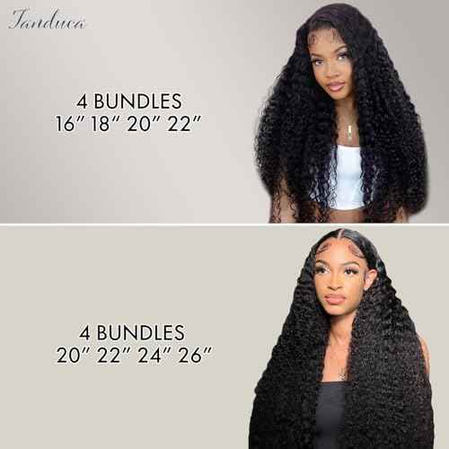 Human Hair Bundles 14 16 18 20 Inch Deep Wave Bundles Human Hair Curly Hair Extensions 16A 100% Unprocessed Brazilian Raw Hair Bundle Quick Weave Wet and Wavy Deep Wave 4 Bundle Deals Natural Black