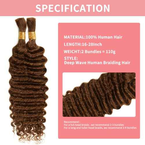 Chocolate Brown Human Braiding Hair 110g 24 Inch Deep Water Wave Bulk Human Hair for Braiding No Weft 12A Brazilian Human Hair Extensions for Boho Braids Wet and Wavy Natural
