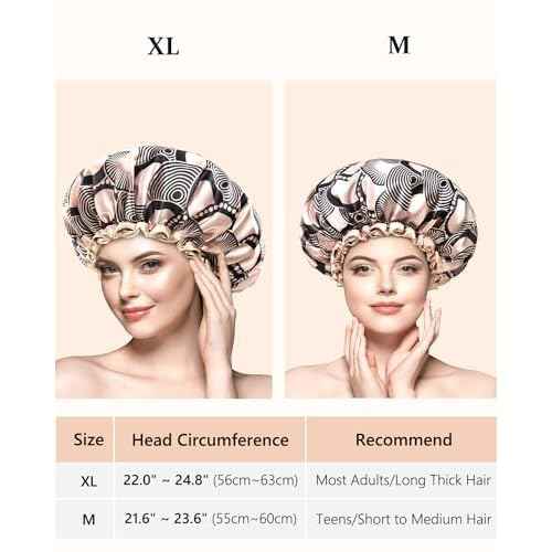 mikimini Champagne Large Shower Caps Pack of 2, Shower Cap for Women Long Hair with Black Lace, Reusable Waterproof Shower Hat for Girls