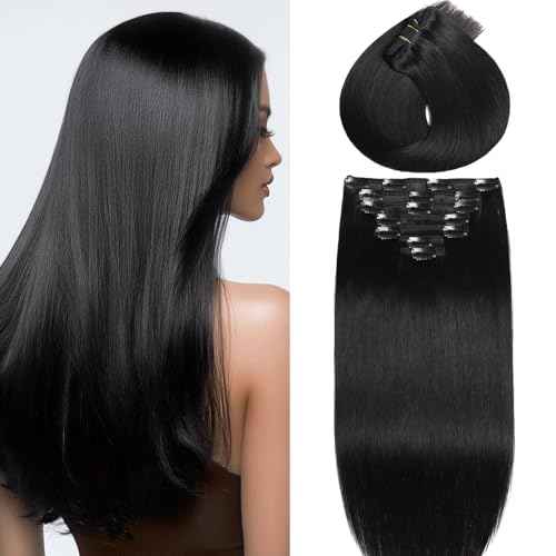 Clip in Hair Extensions Real Human Hair, Invisible Seamless Straight Remy Human Hair Extensions Clip ins for Women (1B Natural Black, 22'')