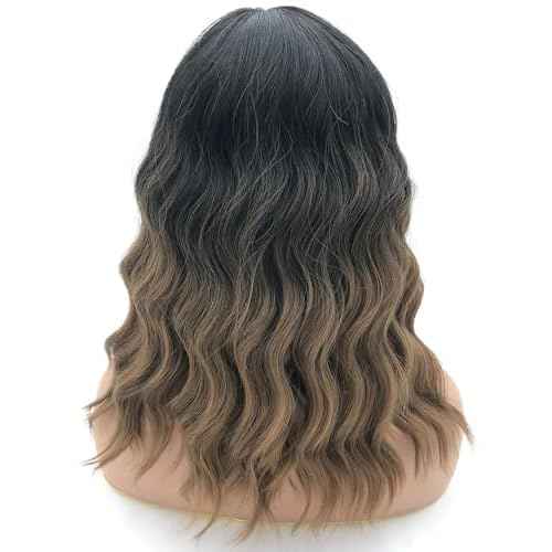 Short Bob Wig with Bangs Curly Wavy Wigs Shoulder Length Wigs for Women Girls Heat Resistant Synthetic Wig Halloween Cosplay Costume Black Ombre Brown