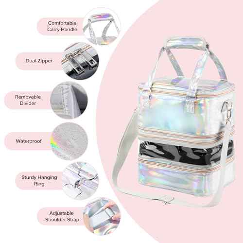 Nail Polish Organizer Case, 3 Layers Removable Nail Polish Storage Bag Holds 60 Bottles and Nail Lamp with Shoulder Strap Portable Holographic PU Leather Nail Kit Storage for Manicure Tools (Silver)