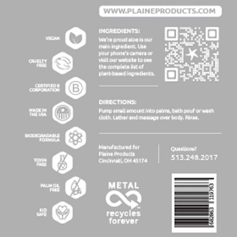 Plaine Products Eco-Friendly Body Wash - Unscented & Refillable - 16 oz Aluminum Bottle with Pump