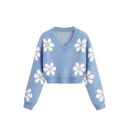 SHENHE Girl's Floral Print V Neck Long Sleeve Knitted Cropped Sweater Jumper Tops