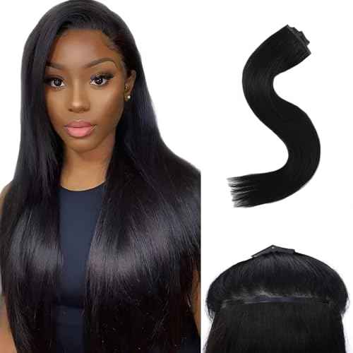 Essent Seamless Sleek Straight Clip in Hair Extensions Seamless Real Human Hair, 24 Inch 1Pack 130g 7Pcs Human Hair Extensions for Women Natural Black