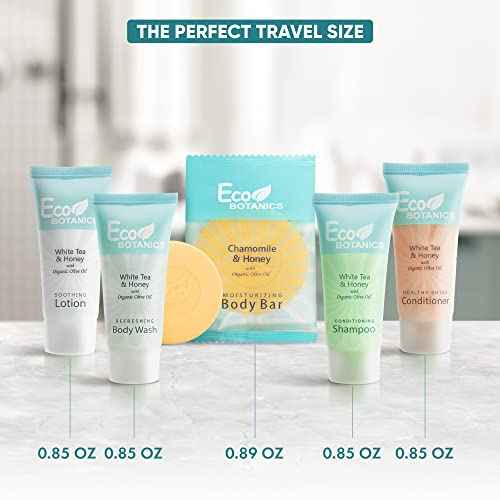 Eco Botanics Hotel Soaps & Toiletries Bulk Set | 1-Shoppe Amenities Kit | 0.85oz Shampoo & Conditioner, Body Wash, Lotion, 0.89oz Bar Soap | Travel Size | 150 Pieces