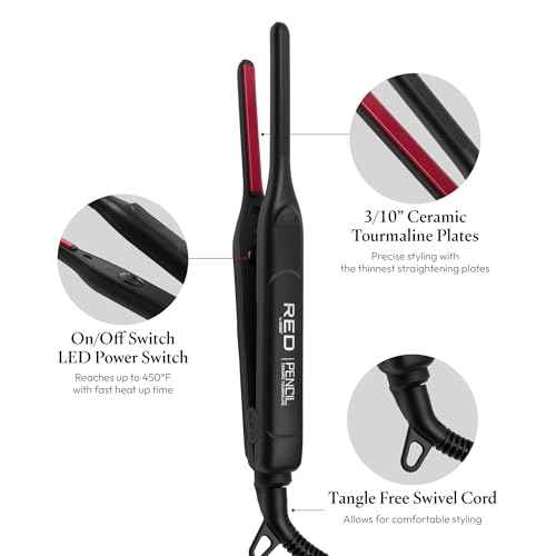 Red by Kiss Pencil Flat Iron up to 450¡ÆF Thin Small Tourmaline Ceramic Plate 0.3 inch (3/10") for Women and Men, Short to Medium Hair, Pixie Cut, Bangs, Edges.. A Travel Pouch and a Glove Included