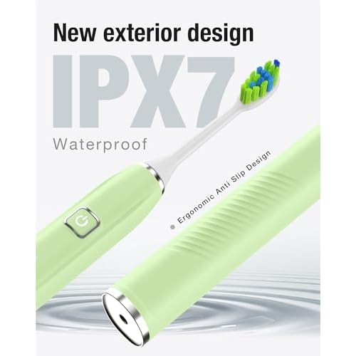 7AM2M Sonic Electric Toothbrush with 6 Brush Heads for Adults&Kids, One Charge for 120 Days, Wireless Fast Charge, 5 Modes, 40000VPM Powered Toothbrush, 2 Minutes Built in Smart Timer - Light Green