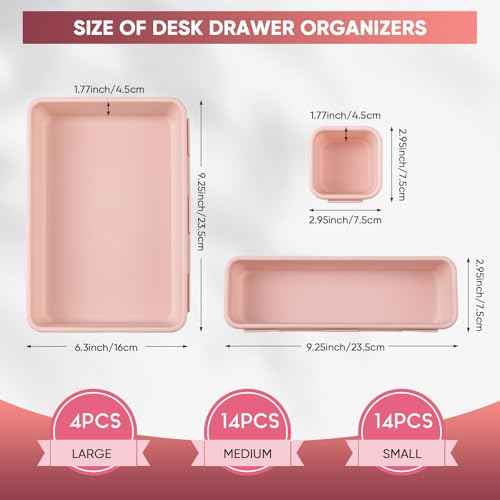 32 Pcs Desk Drawer Organizer Office Organization Tray Versatile Vanity Organizer with Nonslip Pads Makeup for Divider Drawer Storage Box Container for Kitchen Bedroom(Pink)