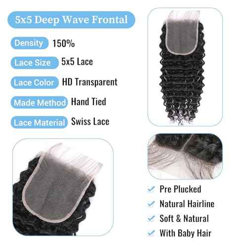 5x5 HD Lace Deep Wave Transparent Lace Closure 12A Brazilian Virgin Human Hair Closure Free Part Pre Plucked with Baby Hair Natural Black 20 Inch