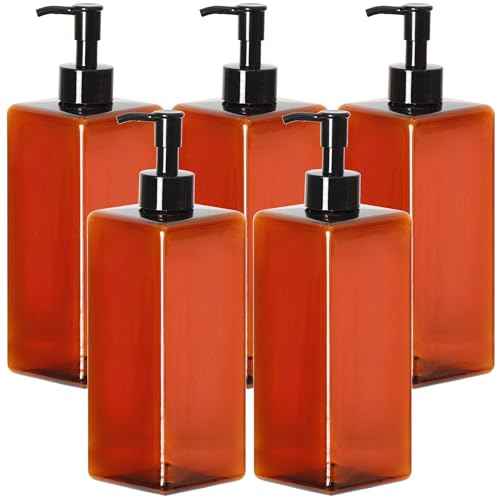 Youngever 5 Pack 16 Ounce Plastic Pump Bottles, Refillable Square Plastic Pump Bottles for Dispensing Lotions, Shampoos and More (Amber)