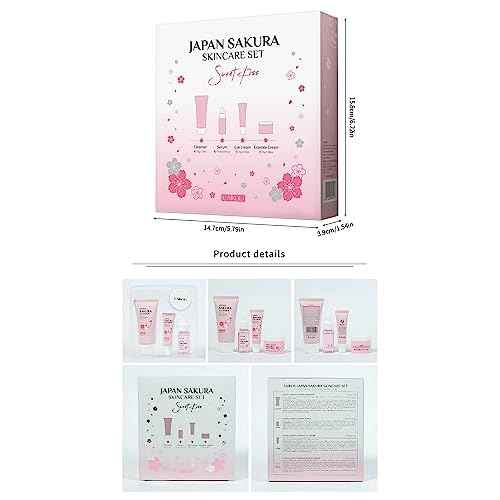 Travel Skincare Kit (4PC) - JAPAN SAKURA Gentle Daily Routine Set for Teen Girls & Women, Includes Hydrating Cleanser, Anti-Aging Serum, Essence & Eye Cream, Sensitive Skin & Holiday Gift