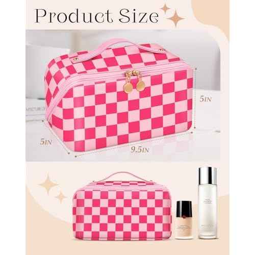 Bistup Makeup Bag Travel Cosmetic Bag Toiletry Make Up Bags Cute Women Large Capacity Big Medium Leather Checkered Plaid Hotpink Aesthetic Girl Teen Teenage Foldable Expandable Open Flat Zip