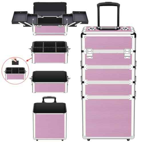 OUDMAY Makeup Train Case 4 in 1 Professional Cosmetics Rolling Organizer Aluminum Frame and Folding Trays Pink