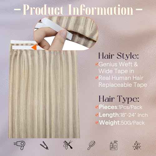 Full Shine Tape in Weft Hair Extensions Human Hair Color 18 Ash Blonde Highlight 613 Blonde Genius Weft Tape in Extensions Long Tape Weft for Daily Office Look Lightweight 18Inch 50G One Piece