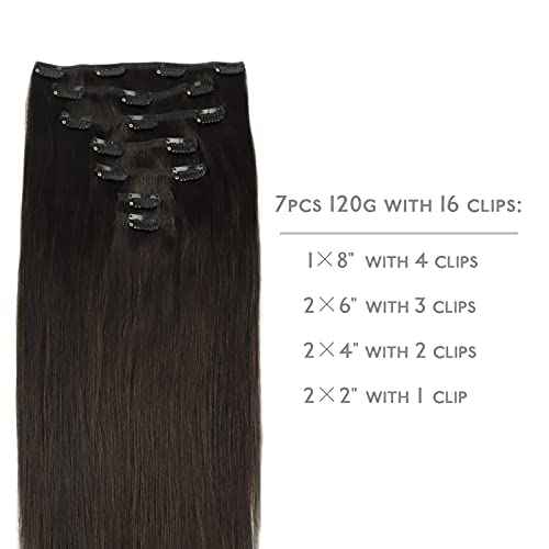 WENNALIFE Clip in Hair Extensions Real Human Hair, 20 Inch 120g 7pcs Remy Hair, Dark Brown Straight Natural Extensiones De Cabello Humano Con Clip Ins