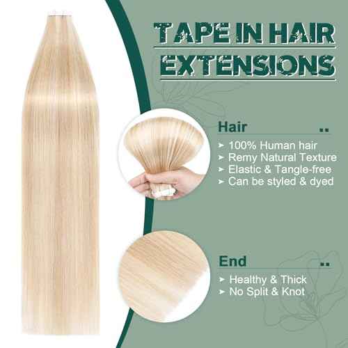 Benehair Remy Tape in Hair Extensions Human Hair Ash Blonde&Bleach Blonde Seamless Skin Weft Tape in Real Human Hair Extensions Straight Hair 20 Inch 50g #18P613 20 pcs