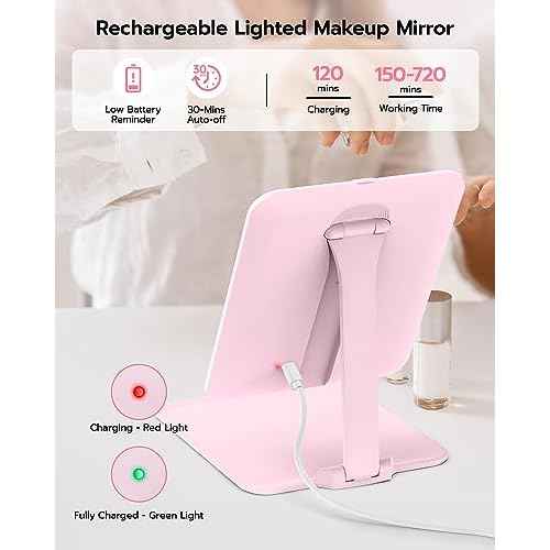 Anfauny Lighted Travel Makeup Mirror with Magnetic 10X Magnification, Vanity Portable and Foldable with Adjustable Stand, Rechargeable 3 Color Lights for Desk and Tabletop -Pink