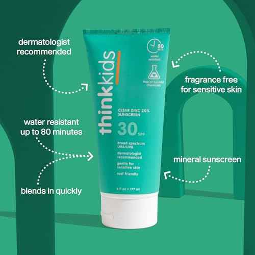 Thinkkids SPF 30 Mineral Sunscreen for Kids, Clear Zinc Oxide, 6 fl oz, Natural, Vegan, Reef Safe, Water Resistant Broad Spectrum UVA/UVB Sun Protection