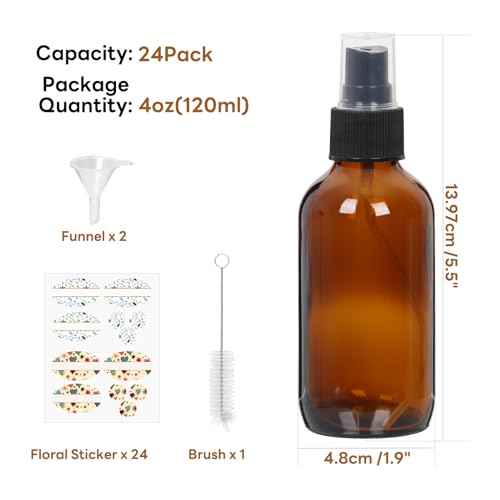 STARSIDE 24 Pack 4 oz Amber Glass Spray Bottles with Fine Mist Sprayer,120 ml Glass Travel Bottles for Cosmetic Essential Oils Cleaning Solutions Perfumes & Liquids