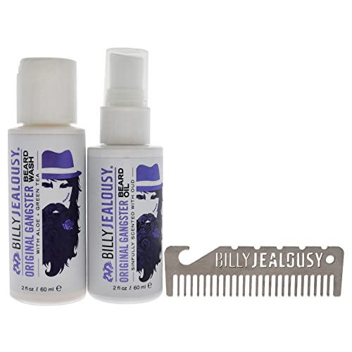 Billy Jealousy Original Gangster Beard Kit with Trave Size Beard Wash, Oil and Titanium Keychain Comb to Cleanse, Stengthen & Soften Facial Hair, Oud Wood Scent