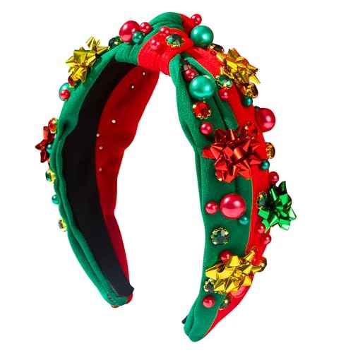 pVq Christmas Headband for Women Knotted Headband with Christmas Tree Crystal Pearl Snowflake Ribbon Xmas Holiday Hairband (Pearl Flower - Red Green, One Size)