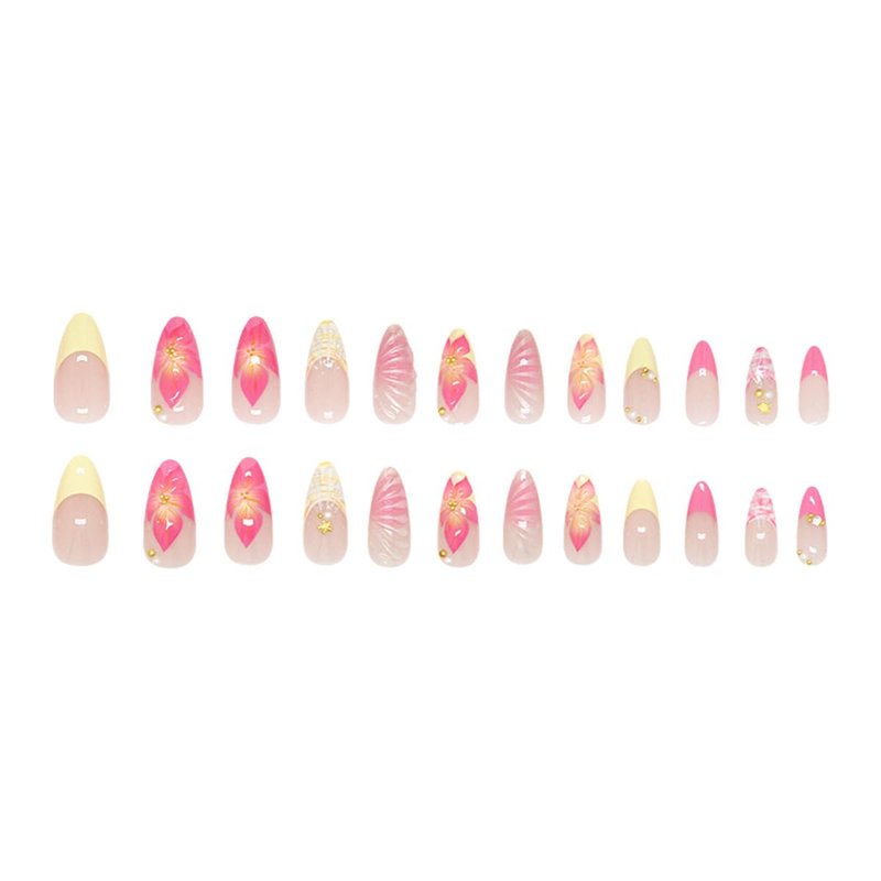 24Pcs Pink Flower Press on Nails Medium Almond Fake Nails with Gold Pearl Rhinestones Designs Cute Glue on Nails Yellow French Tip False Nails Summer Full Cover Artificial Stick on Nails for Women