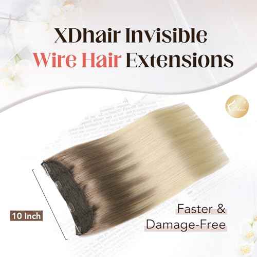 XDhair Wire Hair Extensions Human Hair 70g 16 Inch Ombre Light Brown to Ash Blonde Fish Wire Hair Extensions Invisible Straight 16 Inch #8T60