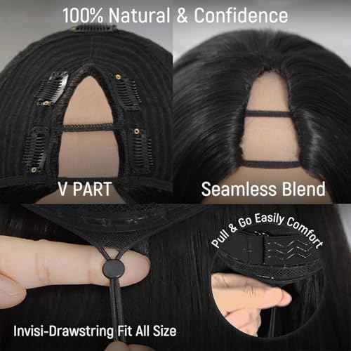mscoco V Part Wig Human Hair Burmese Curly Glueless Wigs Human Hair Clip In Upgrade U Part Human Hair Wig with Drawstring 180% Density Natural Black 18inch