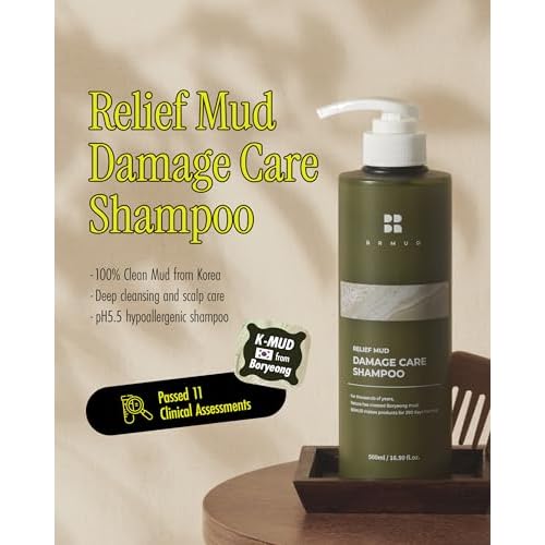 BRMUD Relief Mud Clay Damaged Care Shampoo | ATEEZ Pick | Gentle Damaged Hair Repair Shampoo for Breakage & Thinning Hair w/ 16 Different Plant Oils | for Men & Women (16.9 fl oz)