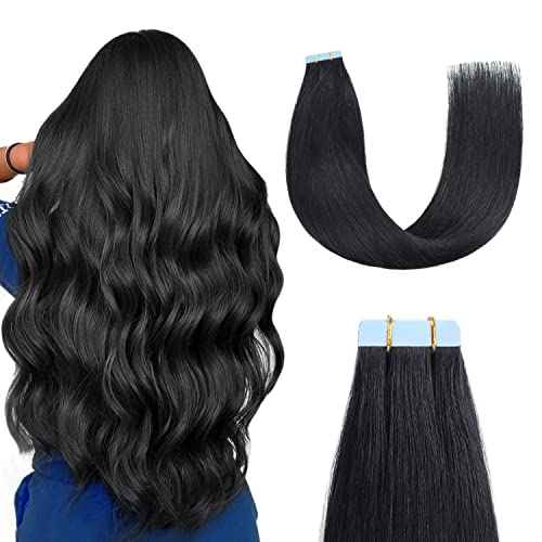 Sunya Tape in Hair Extensions Human Hair Jet Black 22 inch Straight Seamless Skin Weft Tape in Hair Extensions #1 Color 50g/20Pcs