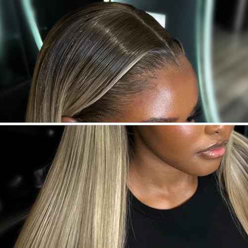 Ombre Ash Blonde Wigs Human Hair Natural Roots 200% Density 13x6 Straight HD Glueless Lace Frontal Wigs Human Hair for Women Pre Plucked Ombre Dirty Blonde Straight Lace Frontal Wigs 18 Inch