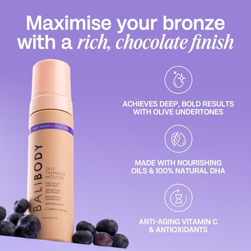 Bali Body Deep Violet Self Tanning Mousse ? Self Tanner Mousse Violet-Based Formula for Dark, Fake Tan with Olive Undertones ? Hydrating, Sunless Tanner for Sensitive Skin ? 200ml / 6.7fl oz