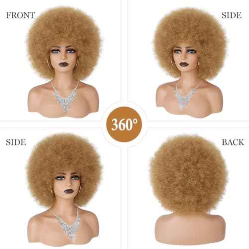 70s Afro Wig for Black Women Blonde Afro Kinky Curly Wig With Bangs Bouncy and Fluffy Heat Synthetic Short Afro Puff Wigs for Daily Party Costume Cosplay Halloween£¨Blonde,10inch£©