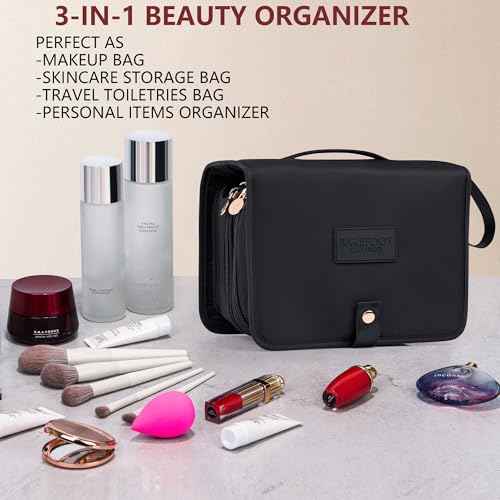 Travel Makeup Bag for Women for Cosmetics, Brushes, and Toiletries, Compact and Portable Makeup Organizer, Large Capacity Storage Cosmetic bag for Business, Vacation, or Weekend Traveling (Black)