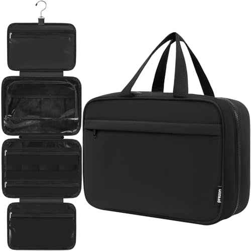 Toiletry Bag For women,Portable Hanging Organizer,4 Leakproof Compartment for full-sized Conditioner, Brushes Set, Makeup Accessories,Visible and easy to access.L-black