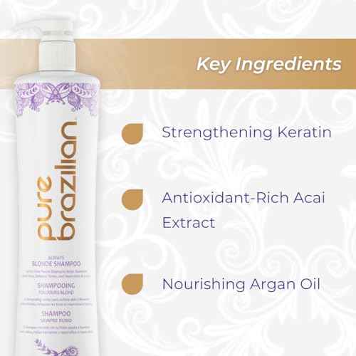 Pure Brazilian Always Blonde Shampoo with Keratin, Acai & Argan Oil, Purple Shampoo for Color-Treated Hair, Sulfate-Free, 33.8 Fl Oz