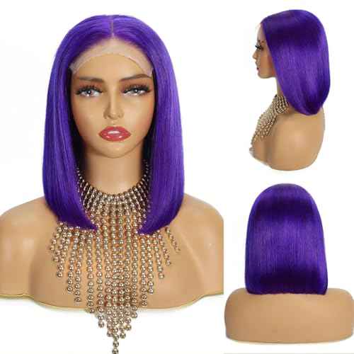 Purple Short Straight Gluess Bob Wig Human Hair Pre Plucked Pre Cut 5x5 HD Transparent Lace Front Wigs Human Hair 180% Density Straight Lace Closure Wigs Purple Short Bob 8 Inch