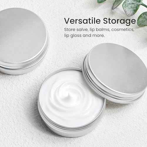TUZAZO 12Pack 2 Oz Aluminum Tin Cans with Screw Lid and Labels, Refillable Travel Sized Cosmetic Containers Small Tins for Salves, Lotion Bars, Beard Balms, Candles