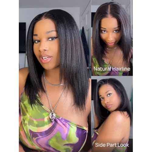 Nadula Yaki Straight Bob Drawstring Wig Human Hair Glueless Pre Cut 7x5 HD Bye Bye Knots Lace Front Wig Pre Plucked Invisible Knots Ready to Wear Short Light Yaki Bob Wigs 150% Density 12inch