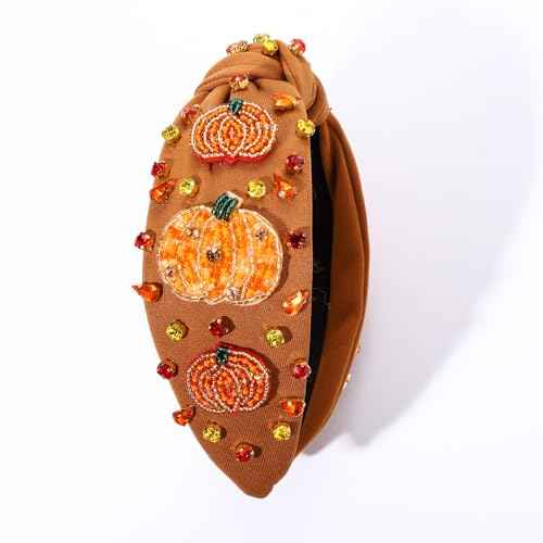 Thanksgiving Headband for Women Fall Accessories Beaded Pumpkin Headbands Jeweled Rhinestone Crystal Knotted Headband Thanksgiving Fall Hair Accessory Gifts (Pumpkin 1 - Brown)
