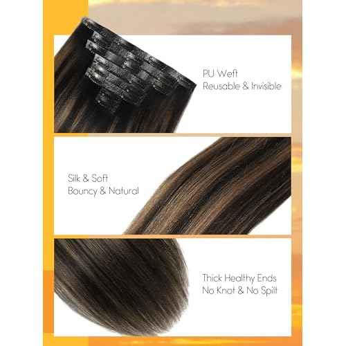 Caliee Seamless Yaki Straight Clip in Hair Extensions Human Hair 22 Inch Natural Black Mixed Chestnut Brown Seamless Yaki Straight Clip ins for Women Invisible PU Weft 115G 8 PCS Soft