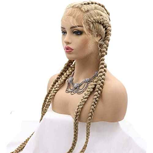 613 Braided Lace Front Wig Blonde French Braided Wigs for Black Women Straight Long Dutch Braids Wig Twisted Braiding Glueless Real Hair Wig Synthetic Heat Resistant Drag Cosplay Daily 30Inch