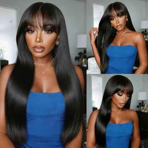 Straight Human Hair Wigs with Bangs 2x4 Lace Closure Wigs Human Hair 180% Density Drawstring Glueless Wigs Human Hair for Women Lace Front Wigs Human Hair Natural Black 20inch.