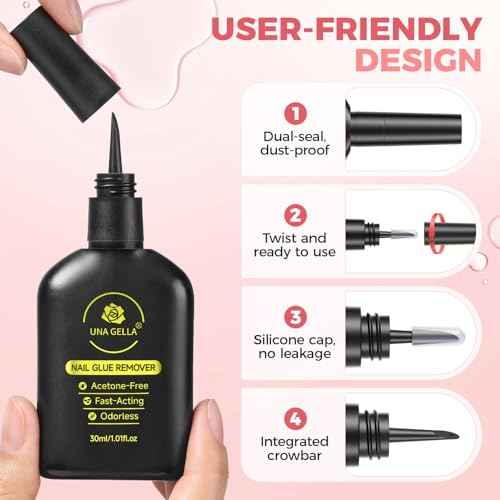 UNA GELLA Inbuilt Crowbar Press On Nail Glue Remover 30ML Acetone-Free Gentle Soak Off Gel Nail Glue Polish Remover for Nail Tip Adhesive Glue Easily Home DIY Not for U V Cured Gel