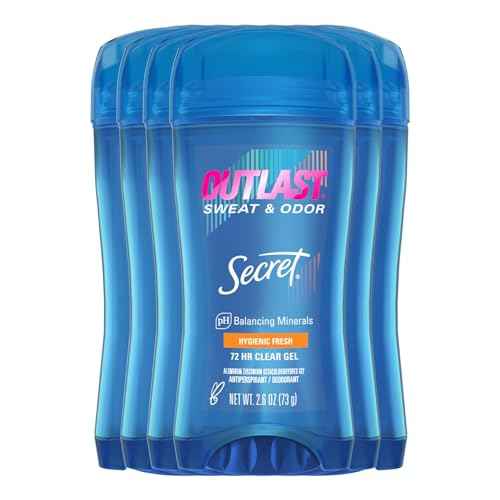 Secret Outlast Antiperspirant Deodorant for Women, 72hr Sweat & Odor Protection, Ph Balancing Minerals, Clear Gel, Hygienic Fresh Scent, 2.6 oz (Pack of 6)