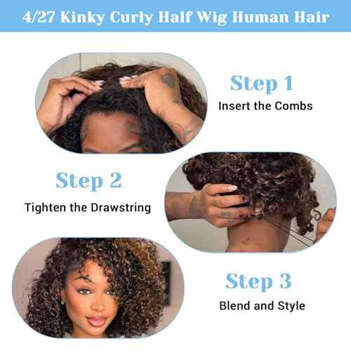 4/27 Kinky Curly Half Wig Human Hair 200 Density 3 In 1 Seamless Flip Over Glueless Wigs Human Hair Wear and Go Curly Wig Human Hair Drawstring Headband Wig for Women 22 Inch